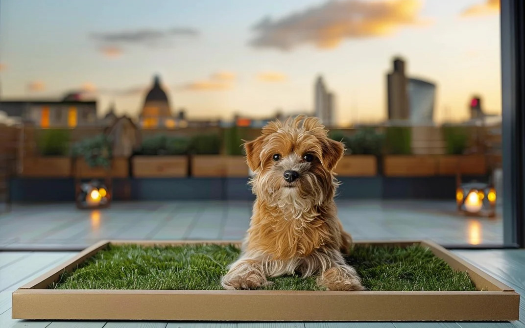 Picture of a dog inside on a patch of grass