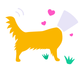 Illustration of a dog with a cone on it's head wagging it's tail